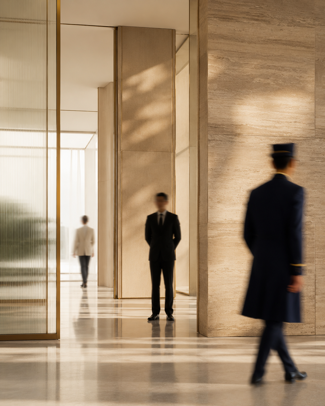 The lobby of a luxury hotel with concierge staff in uniform