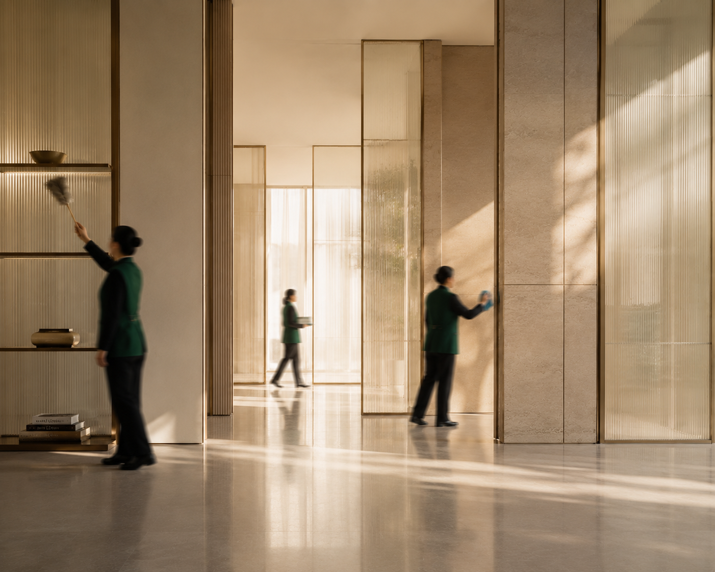 A team of staff arranged in a lobby in matching uniform